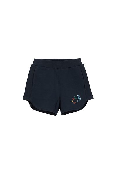 LOVETTI Girl's Shorts - DarK Navy Blue, Sea Horse Print, Two Thread