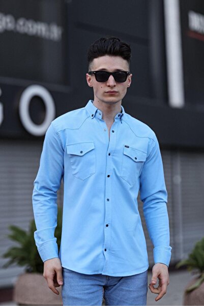 WKM Ανδρικό πουκάμισο με διπλή τσέπη με κουμπωτό γαλάζιο