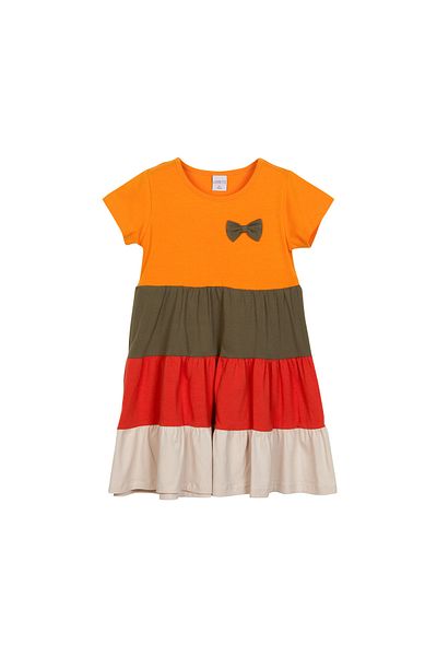 LOVETTI Short Sleeve Girl's Dress - Yellow Jewelled Bow, Layered Colored, Kadmium