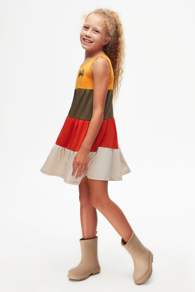 LOVETTI Kadmium Sarı Taş Renkli Kat Kat Kız Çocuk Askılı Elbise