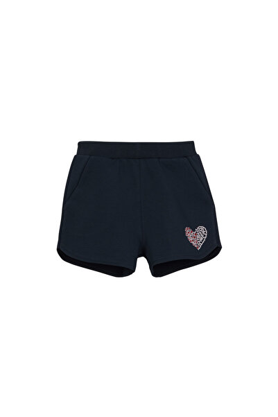 LOVETTI Koyu Lacivert Iki Iplik Kalp Basklı Kız Çocuk Şort