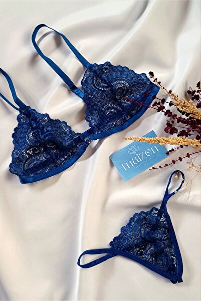 MAİZEN Жіночий комплект бюстгальтера з синьою мереживною обробкою