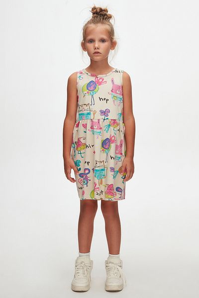 LOVETTI Girl Beige Color Chirping Animals Patterned Sleeveless Dress