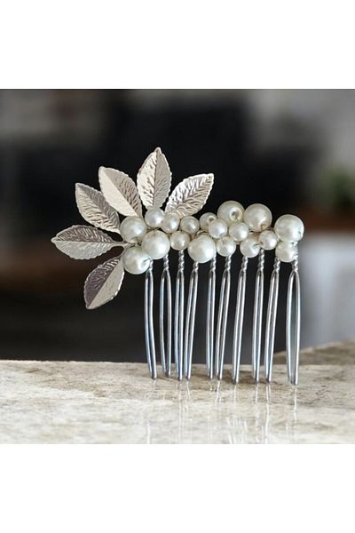 Eva Flore Pearl and Silver Leaf Bridal Engagement Maternity Hair Comb Hairpin