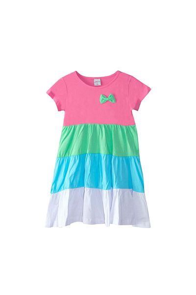 LOVETTI Girl's Candy PinK, White and Layered Colorful Short Sleeve Dress