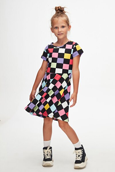 LOVETTI Rochie cu mânecă scurtă pentru fetiță cu imprimeu Op Art Chechers