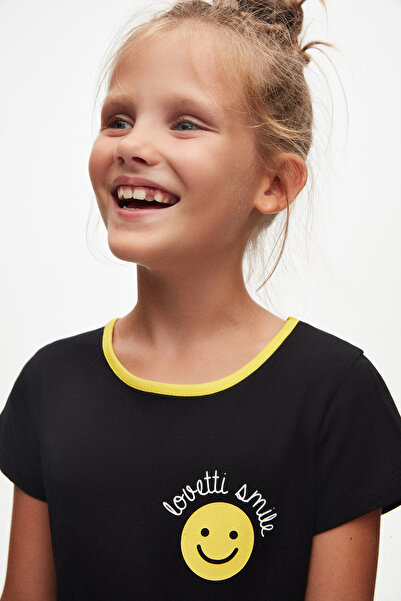LOVETTI Black Smiley Face Girl Patterned Lovetti Smile Printed Short Sleeve Dress