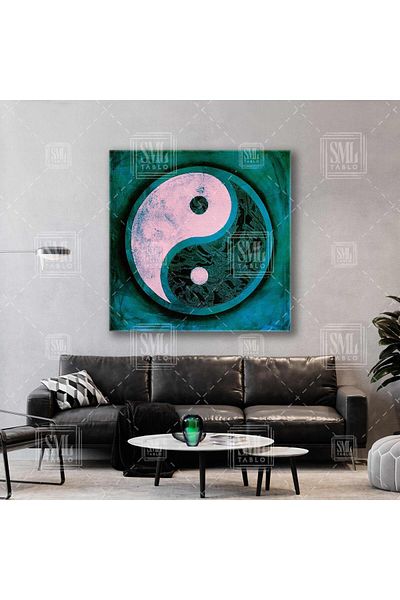 SML TABLO Ying Yang Καλοσύνη κακού και τιρκουάζ και πετρέλαιο πράσινο αφηρημένο ντεκόρ Yingyang τετράγωνος πίνακας σε καμβά