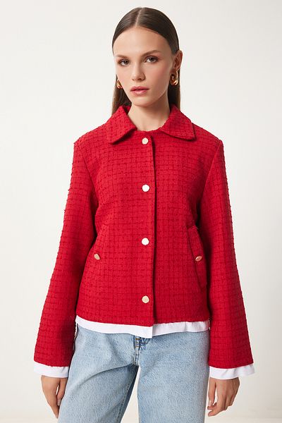 Lovelyİstanbul Red Tweed Shirt Collar Jacket - Lto0041
