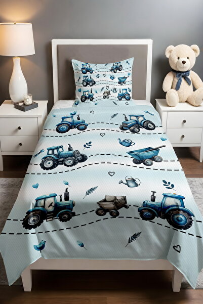 EVPANYA Blue Tractor Patterned Pique Set