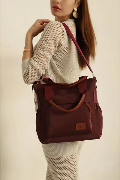 ARTON Claret Red Multi-Compartment Satin Pocket Waterproof Fabric Column Strap Shoulder Bag