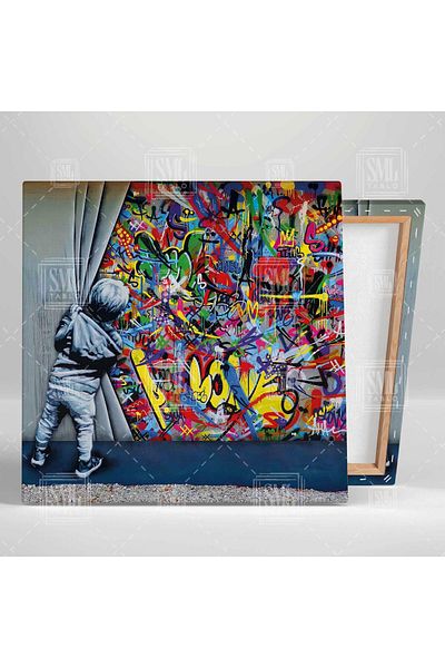 SML TABLO Παιδί που κοιτάζει πίσω από την κουρτίνα Banksy Graffiti Wall Art Τετράγωνος πίνακας σε καμβά