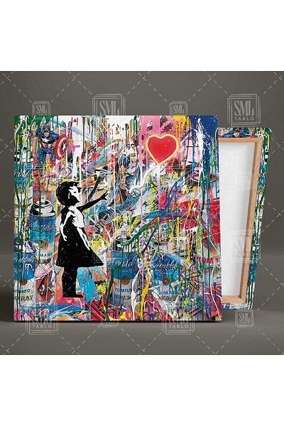 SML TABLO Banksy Grafitti Wall Art Heart Balon Flying Boy Pictură pătrată pe pânză