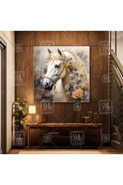 SML TABLO Επιτραπέζιος τέχνης τετράγωνος καμβάς Noble Horse με λευκό μαντήλι μέσα σε λουλούδια