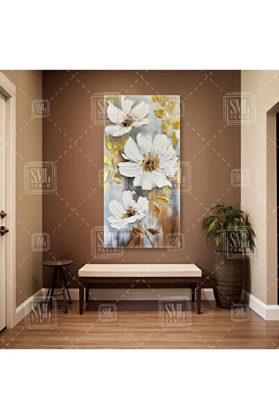 SML TABLO Gold Detaylı Çiçekler Beyaz Papatyalar Dekoratif Boyuna Dikey Kanva...