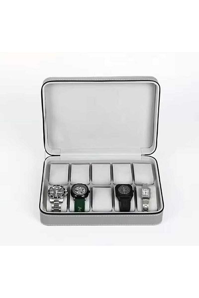 zyc Luxury Grey Color Faux Leather Watch Case with Zipper - 10 Capacity Dustproof Watch&Jewelry Storage Box.