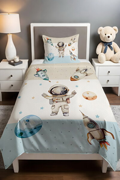 EVPANYA Blue Cream Starry Fun Astronaut Patterned Pique Set