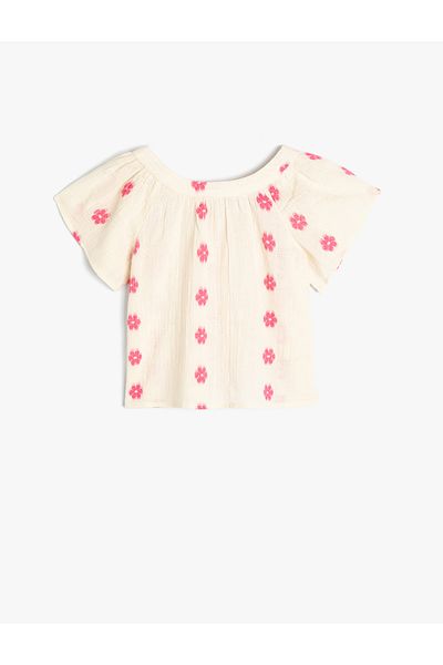Koton Baumwollbluse mit Rundhalsausschnitt und Blumenmuster, kurze Ärmel