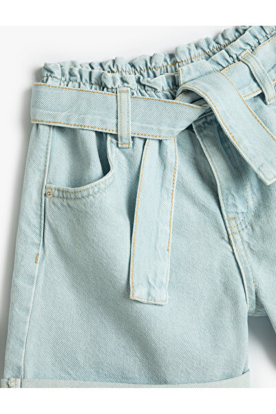 Koton Pantaloni scurți din denim din bumbac - Detaliu buzunare și curea, talie elastică