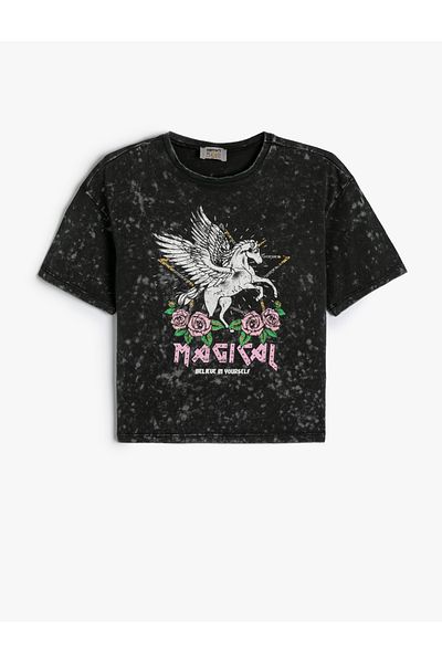 Koton Unicorn Printed Cotton T-Shirt - Short Sleeve, Crew Neck