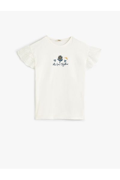 Koton Cotton Crew Neck Floral Embroidered Scallop Detailed T-Shirt