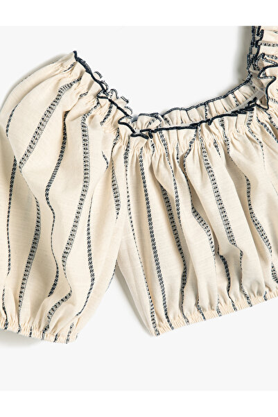 Koton Crop Bluz Balon Kollu Fırfır Detaylı Pamuklu