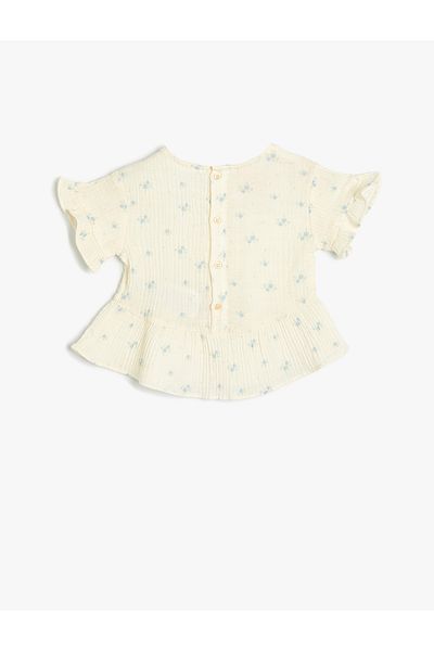 Koton Bluse mit Blumenmuster, kurzärmelig, Rundhalsausschnitt, strukturiert, Rüschendetail, Baumwolle
