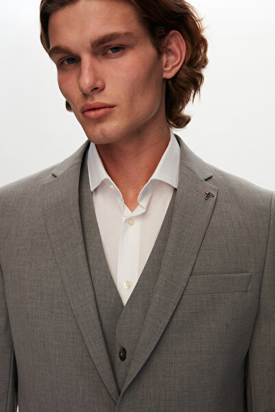 Tween Slim Fit Gri Yün Karışımlı Takim Elbise Yelekli