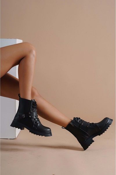 Kids Club Shoes Feles Staple Buckle Λεπτομερείς Μπότες Γυναικείες Μπότες ΜΑΥΡΟ