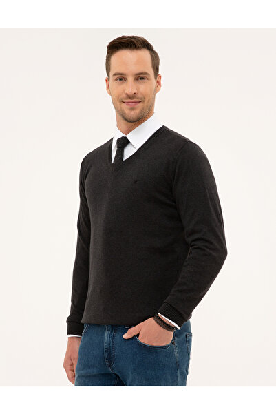 Pierre Cardin Ανδρικό πλεκτό πουλόβερ Anthracite Melange Slim Fit V-Neck Basic G021SZ0TK.000.1171062