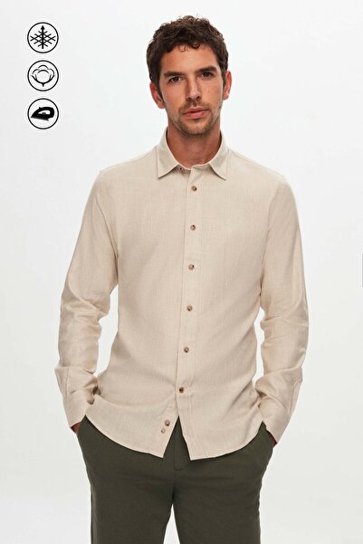 Damat Slim Fit Bej Melanj Easy Care Gömlek