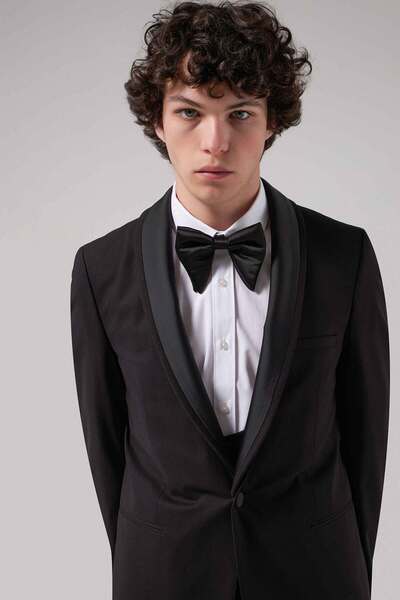 Tween Slim Fit Siyah Düz Damatlık & Smokin Takim Yelekli