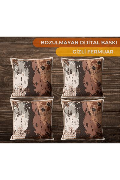 CİMENS 4-Piece Digital Printed Gift Throw Pillow Set - Brown/Grey Cream Patterned