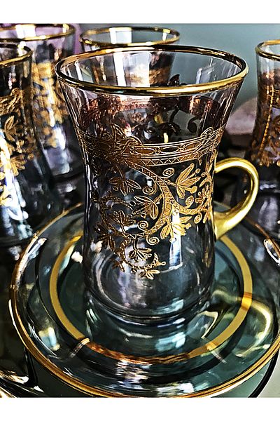 DECOSTYLE Blue Lüster Gold Pants - 12 Piece Plate and Handled Tea Set and Cup Set