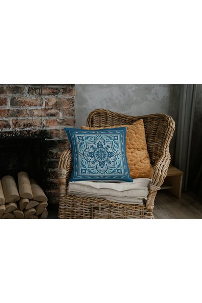 CİMENS Blue and White Marbling Patterned 4-Piece Digital Printed Gift Sofa Set
