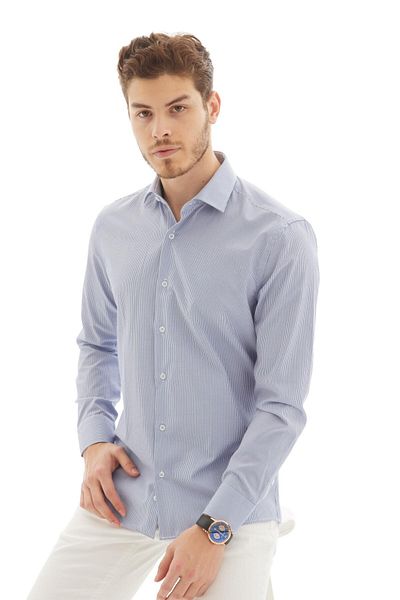 RAVANELLI Σκούρο μπλε Slimfit Gift Boxed ριγέ μακρυμάνικο ανδρικό πουκάμισο