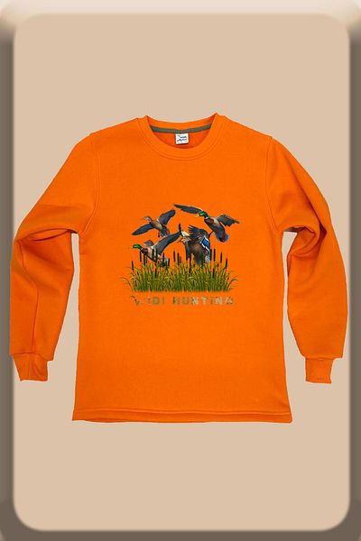 WİDİ Hunter Hunting Duck Hunting Printed Reeds Regular Fit 100% Cotton Crew Neck Orange Sweatshirt