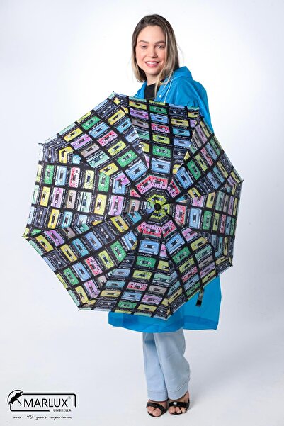 Marlux Nostalji Kaset Desenli 8 Telli Manuel Rüzgara Dayanıklı Şemsiye M21mar...