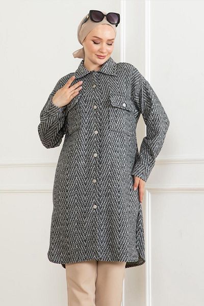 HİFADEN Women's Zigzag Gray Patterned Buttoned Tunic