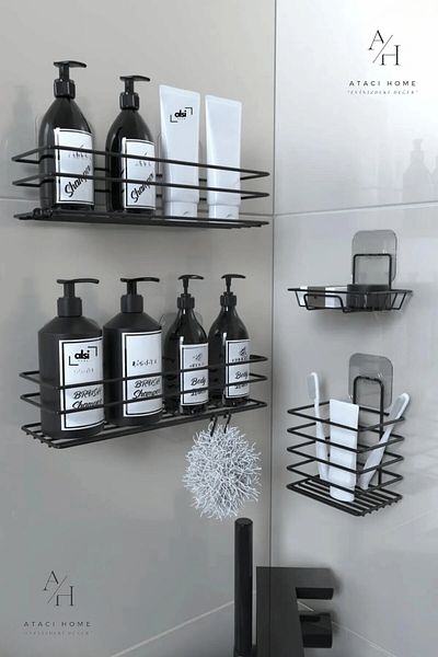ATACI Stainless Adhesive Black Metal Bathroom Shelf Organizer Set of 4 Shower Shelf with Hooks Soap Dish Rack