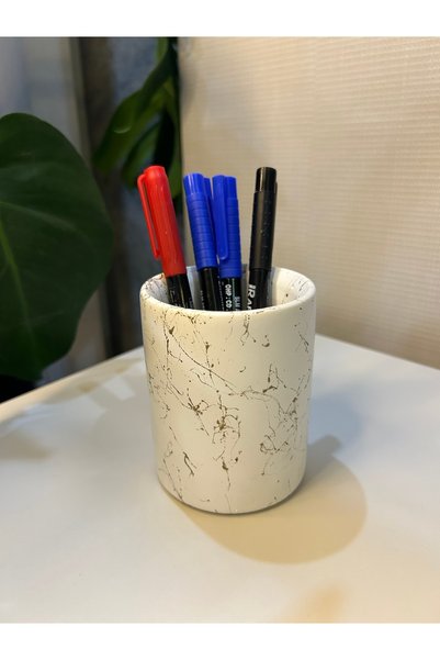 Miya Art Studio Desktop Concrete Upright Pen Holder White Gold Marble Pattern