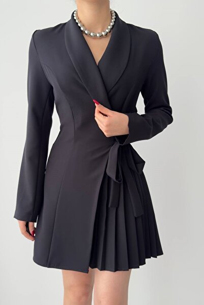 WOMAN VISION Rochie mini jachetă cu mânecă lungă, țesătură Atlas neagră, cu p...