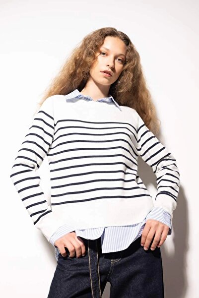 DeFacto Z1317 Regular Fit Crew Neck Striped Sweater