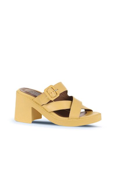 Bueno Shoes Papuci cu toc pentru femei din piele galbenă 01wa1701