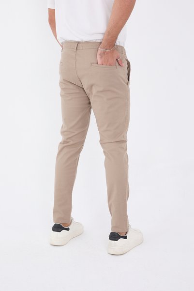 BROCARD Men's Seasonal Jogger Slimfit Mold Waist Half Elastic Lycra Beige Linen Trousers