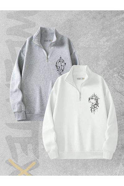 WEARTEX 2-Piece Half Zipper Men's Lion Tooth Lion Printed Lover Couple Sweatshirt