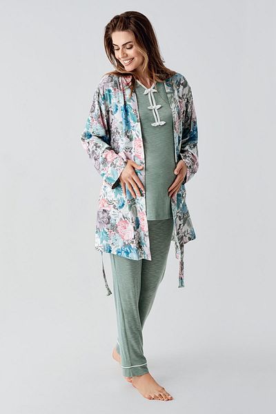 Artış Long Sleeve Patterned Stretchy Viscous Woven Maternity Dressing Gown Pajamas Set