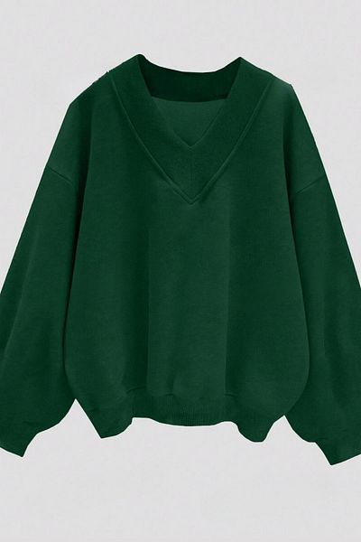 Know Women's 3 Thread Green Comfort in Paris Printed V-Neck Oversize Sweatshirt