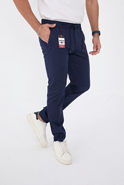 BROCARD Erkek Mevsimlik Jogger Slimfit Kalıp Bel Yarım Lastikli Likralı Lacivert Keten Pantolon