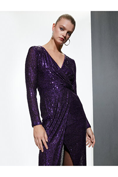 Koton Uzun Abiye Elbise Kruvaze Pul Payet İşlemeli Uzun Kollu V Yaka Asimetrik Kesim